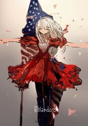  1girl american_flag artist_name bad_id bad_pixiv_id closed_eyes dress english_text flag flower light_smile long_hair original outstretched_arms qtonagi red_dress rose solo spread_arms standing white_hair 