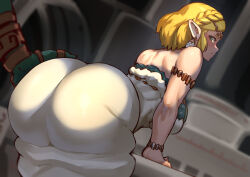 1boy 1girl ass ass_focus ass_grab bent_over blonde_hair blue_eyes blush braid breasts cleavage dress earrings from_behind hand_on_another&#039;s_ass highres huge_ass humiliation jewelry large_breasts link looking_back nintendo nuezou pervert princess_zelda short_hair sidelocks the_legend_of_zelda the_legend_of_zelda:_tears_of_the_kingdom rating:Questionable score:201 user:TDogarooski