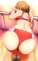 10s 1girl ass back bent_over blush breasts brown_eyes brown_hair buruma come_hither cup dimples_of_venus drinking_straw flower from_behind gym_uniform hair_flower hair_ornament hairband highres idolmaster idolmaster_cinderella_girls large_breasts looking_at_viewer looking_back magukappu mimura_kanako solo sports_bra sweat underboob rating:Sensitive score:166 user:danbooru