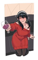  1girl alcohol bare_shoulders black_hair blush breasts cleavage closed_eyes cup dress drinking_glass drunk earrings gold_earrings hairband highres holding jewelry large_breasts long_hair long_sleeves looking_at_viewer open_mouth red_sweater sidelocks sitting smile smugigante solo spy_x_family sweater white_hairband wine yor_briar 