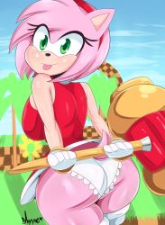  1girl amy_rose ass bare_shoulders bmayyne breasts dress from_behind gloves green_eyes hammer highres huge_ass huge_breasts looking_at_viewer looking_back mallet naughty_face panties pink_hair shiny_clothes shiny_skin short_dress short_hair sideboob smile solo sonic_(series) tail thighhighs tongue tongue_out underwear weapon  rating:Questionable score:60 user:armorcrystal