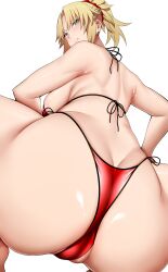  1girl absurdres arind_yudha ass back bare_shoulders blonde_hair braid breasts butt_crack collarbone fate/grand_order fate_(series) french_braid green_eyes grin highres large_breasts long_hair looking_at_viewer looking_back mordred_(fate) mordred_(fate)_(all) mordred_(swimsuit_rider)_(fate) mordred_(swimsuit_rider)_(first_ascension)_(fate) navel parted_bangs ponytail sidelocks smile solo spread_legs squatting thighs  rating:Questionable score:13 user:danbooru