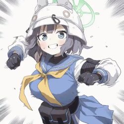  1girl _name_404_ animated attack belt belt_bag blue_archive blue_eyes blue_hair blue_serafuku breasts clenched_hands combat_helmet dark_blue_hair ears fast gloves green_halo grey_hair halo helmet incoming_attack incoming_punch large_breasts long_sleeves looking_at_viewer lowres motion_lines neckerchief nose pov punching saki_(blue_archive) school_uniform serafuku short_hair skirt smile solo stahlhelm sweat tactical_clothes tagme teeth turtleneck video white_background yellow_neckerchief 
