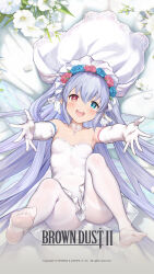 1girl armpits blue_eyes blush breasts bridal_veil bride brown_dust_2 butterfly_wings collar copyright_name dress elbow_gloves eyebrows_hidden_by_hair flower flower_wreath full_body gloves grey_hair hair_between_eyes head_wreath heterochromia highres insect_wings long_hair looking_at_viewer lying official_art official_wallpaper on_back open_mouth outstretched_arms pantyhose red_eyes refithea_(brown_dust) second-party_source small_breasts smile soles solo star-shaped_pupils star_(symbol) symbol-shaped_pupils teeth toes upper_teeth_only veil very_long_hair white_collar white_dress white_flower white_gloves white_pantyhose wings rating:Sensitive score:26 user:danbooru