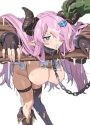  1boy 1girl absurdres after_rape aochoku asymmetrical_gloves belt bent_over blue_eyes blush braid breasts commentary cum cum_in_mouth cumdrip draph facial fingerless_gloves gloves granblue_fantasy hair_ornament hair_over_one_eye hanging_breasts highres horn_grab horns large_breasts long_hair mismatched_gloves monster narmaya_(granblue_fantasy) nipples orc pillory pointy_ears restrained single_fingerless_glove single_thighhigh slave solo_focus stationary_restraints symbol-only_commentary thigh_belt thigh_strap thighhighs torn_clothes white_background 