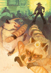  1boy 2others baguette bread butterfly_net clip_studio_paint_(medium) english_text flower food furry furry_male gawki graffiti grey_shirt hand_net highres holding holding_food mouse_(animal) multiple_others open_mouth opossum orange_eyes original pig_boy procreate_(medium) raccoon red_eyes road running sharp_teeth shirt signature slime_(substance) smile street sun sweat teeth tongue tongue_out trash_bag white_flower 