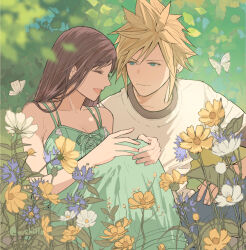  1boy 1girl aqua_dress artist_name bare_arms bare_shoulders black_hair black_undershirt blonde_hair blue_eyes blurry blurry_background blurry_foreground brown_hair brown_shorts bug butterfly closed_mouth cloud_strife collarbone couple day dress earrings facing_another feet_out_of_frame final_fantasy final_fantasy_vii final_fantasy_vii_remake flower hands_on_own_knees insect jewelry knees_up leaf long_hair looking_at_another nature open_mouth outdoors shillo shirt short_hair short_sleeves shorts sitting smile spiked_hair stud_earrings sundress t-shirt tifa_lockhart twitter_username white_flower white_shirt 