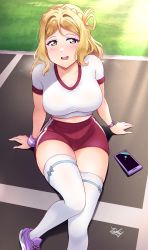  1girl blonde_hair blush bow bowtie braid breasts cleavage crown_braid from_above grass gym_shorts gym_uniform hands_on_ground highres large_breasts looking_at_viewer love_live! love_live!_sunshine!! medium_hair midriff ohara_mari one_side_up open_mouth panting phone purple_footwear red_shorts shirt shorts smile solo taut_clothes taut_shirt thighhighs thighs tsumikiy wavy_hair yellow_eyes zettai_ryouiki 