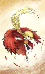  1other :o absurdres androgynous antenna_hair apron armor bare_arms bare_shoulders blonde_hair braid breastplate brown_background cape circle_skirt commentary feather_cape feathers floating_hair full_body heart heart_antenna_hair heart_in_eye highres japanese_clothes kimono kuroda_(kurota_ne) len&#039;en long_hair looking_at_viewer low_twin_braids ooama_no_ake_no_mitori open_mouth other_focus outstretched_arms pagoda red_cape red_kimono short_kimono simple_background sleeveless sleeveless_kimono socks solo symbol_in_eye twin_braids two-sided_cape two-sided_fabric very_long_hair waist_apron white_apron white_socks yellow_eyes 