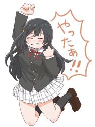  1girl arm_up black_hair black_jacket black_socks brown_footwear clenched_hands closed_eyes collared_shirt commentary_request facing_viewer hand_up highres jacket jumping kneehighs loafers long_hair long_sleeves love_live! love_live!_nijigasaki_high_school_idol_club neck_ribbon nijigasaki_school_uniform one_side_up red_ribbon ribbon school_uniform shirt shoes sidelocks skirt smile socks solo tonpon translation_request v-shaped_eyebrows white_background white_shirt white_skirt winter_uniform yuki_setsuna_(love_live!) 