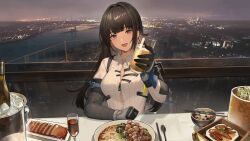  1girl alcohol beer black_hair bowl breasts bucket champagne chopsticks city city_lights cityscape collared_shirt cup dinner drinking_glass food game_cg gloves highres ice long_hair looking_at_viewer medium_breasts official_art open_mouth river shirt smile snowbreak:_containment_zone solo spoon third-party_source yao_(snowbreak) 