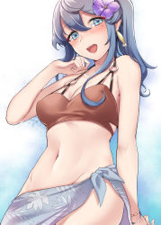  1girl abstract_background absurdres bikini blue_eyes blue_hair blush breasts brown_bikini cleavage collarbone commentary_request cowboy_shot flower gotland_(kancolle) groin hair_between_eyes hair_flower hair_ornament highres kantai_collection kiritto long_hair looking_at_viewer mole mole_under_eye navel no_panties open_mouth purple_flower sarong see-through smile solo swimsuit third-party_edit  rating:Sensitive score:13 user:Derpovic
