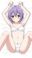  1girl absurdres armpits arms_up bare_arms bare_shoulders bed_sheet blush bound bound_wrists bow bow_bra bow_panties bra brown_eyes closed_mouth collarbone commentary_request cuffs feet_out_of_frame flat_chest glasses grey-framed_eyewear hair_between_eyes handcuffs highres knees_up loli nagato_yuki nagato_yuki-chan_no_shoushitsu navel over-rim_eyewear panties purple_hair semi-rimless_eyewear solo spread_legs suzumiya_haruhi_no_shoushitsu suzumiya_haruhi_no_yuuutsu takasuma_hiro underwear underwear_only white_bra white_panties 