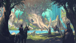  6+others absurdres ambiguous_gender animal_skull commentary dappled_sunlight day english_commentary falling_leaves fantasy grass highres holding holding_polearm holding_sword holding_weapon horns ilysia leaf multiple_others official_art outdoors photoshop_(medium) pointy_ears polearm richardlay riding river rock scenery spear sunlight sword tree wading water waterfall weapon wide_shot 