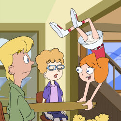 1boy 3girls ass belt blonde_hair blue_eyes brother_and_sister brown_belt brown_hair candace_gertrude_flynn chair curly_hair disney double_bun glasses green_jacket hair_bun handstand jacket jeremy_johnson long_hair mother_and_daughter mother_and_son mrs._johnson_(phineas_and_ferb) multiple_girls oira_wa_arumajiro open_clothes open_jacket open_mouth orange_hair panties phineas_and_ferb purple_jacket purple_shirt purple_skirt red_lips red_shirt red_socks shirt shoes short_hair short_sleeves siblings skirt smile socks stairs surprised suzy_johnson table teeth underwear upside-down white_footwear white_panties white_skirt window
