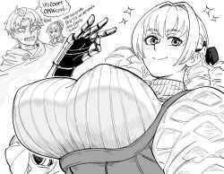  1boy 1girl 2boys absurdres alain_(unicorn_overlord) bb_(baalbuddy) breasts coomer_(meme) english_text highres huge_breasts humor impregnation_request looking_at_viewer meme monochrome multiple_boys scarlett_(unicorn_overlord) sweater turtleneck unicorn_overlord vanillaware virginia_(unicorn_overlord) wojak 