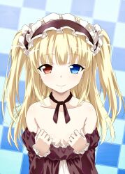 1girl bare_shoulders black_dress black_ribbon blonde_hair blue_eyes boku_wa_tomodachi_ga_sukunai breasts checkered_background cleavage closed_mouth clothes_pull dress dress_pull frilled_dress frills hairband hasegawa_kobato heterochromia highres lolita_hairband long_hair long_sleeves looking_at_viewer neck_ribbon pulling_own_clothes red_eyes ribbon small_breasts solo two_side_up upper_body watanabe_yoshihiro rating:Sensitive score:26 user:danbooru