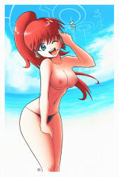 beach bikini blue_eyes breasts karbo long_hair nipples open_mouth original ponytail red_hair small_nipples solo swimsuit topless rating:Questionable score:8 user:danbooru