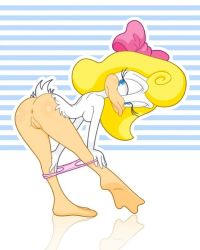 anus bird blonde_hair bow duck frown furry hair_bow panties panty_pull pink_panties presenting pussy shirley tiny_toons underwear rating:Explicit score:15 user:ToddlerconKing