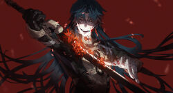  1boy bandaged_arm bandaged_fingers bandaged_hand bandages black_coat black_gloves black_hair blade_(honkai:_star_rail) blood blood_on_face bloody_bandages brown_shirt chinese_clothes coat commentary ear_piercing earrings esnowg evil_grin evil_smile flower gloves grin highres holding holding_sword holding_weapon honkai:_star_rail honkai_(series) jewelry long_hair looking_at_viewer male_focus open_clothes open_coat parted_bangs piercing red_background red_eyes shirt sidelocks single_earring smile solo spider_lily sword upper_body very_long_hair weapon 