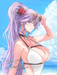  1girl 72megg absurdres blue_sky breasts cloud cloudy_sky commission commissioner_upload cross cross_necklace eyewear_on_head fire_emblem fire_emblem:_genealogy_of_the_holy_war flower hair_flower hair_ornament highres ishtar_(fire_emblem) jewelry necklace nintendo non-web_source purple_eyes purple_hair signature sky sunglasses swimsuit watermark 