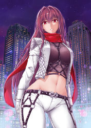  1girl absurdres adapted_costume bad_id bad_pixiv_id breasts cowboy_shot fate/grand_order fate_(series) fish.boy gloves highres jacket large_breasts long_hair looking_at_viewer midriff navel pants parted_lips purple_hair red_eyes red_scarf scarf scathach_(fate) scathach_(fate) solo tight_clothes tight_pants  rating:Sensitive score:27 user:danbooru