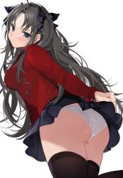 1girl ass bad_id bad_pixiv_id black_hair black_skirt black_thighhighs blue_eyes breasts clothes_lift fate/stay_night fate_(series) hair_ribbon highres long_hair long_sleeves looking_at_viewer looking_back medium_breasts miniskirt panties parted_bangs pleated_skirt red_shirt ribbon shirt simple_background skirt skirt_lift solo thighhighs tohsaka_rin two_side_up underwear white_background white_panties xretakex rating:Sensitive score:66 user:danbooru