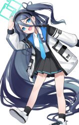  1girl absurdly_long_hair ankle_socks aqua_halo aqua_necktie aris_(blue_archive) bare_legs black_coat black_hair black_skirt black_socks blue_archive blue_eyes boukensha_c bow-shaped_hair coat collared_shirt double-parted_bangs floating_hair hair_between_eyes hair_ornament halo highres leaning_forward long_hair long_sleeves looking_up multicolored_coat necktie one_side_up pleated_skirt puffy_long_sleeves puffy_sleeves salute shirt shirt_tucked_in shoes sidelocks simple_background skirt sneakers socks standing standing_on_one_leg tareme two-sided_coat two-sided_fabric two-tone_coat very_long_hair white_background white_coat white_footwear white_shirt 