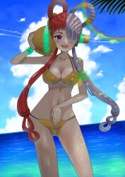1girl bare_shoulders bikini bracelet breasts cleavage cloud cloudy_sky collarbone cowboy_shot female_focus hair_over_one_eye hair_rings hat highres horizon jewelry long_hair medium_breasts multicolored_hair navel nokironokii one_eye_covered one_piece one_piece_film:_red open_mouth outdoors purple_hair sky smile solo standing straw_hat swimsuit teeth thighs twintails upper_teeth_only uta_(one_piece) very_long_hair water rating:Sensitive score:14 user:MonsieurCinq