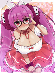  1girl absurdres animal_ears blush breasts cleavage commentary_request di_gi_charat dice_hair_ornament dress glasses hair_ornament highres large_breasts long_hair looking_at_viewer musasi1218 pout purple_hair rabbit_ears red_eyes solo sweatdrop twintails usada_hikaru 