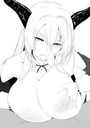 10s 1girl beast_dominator breasts gloves greyscale hair_between_eyes highres horns huge_breasts inverted_nipples large_areolae long_hair looking_at_viewer monochrome nao_(ritsancrossover) nipples paizuri pointy_ears shadowverse shingeki_no_bahamut solo solo_focus rating:Explicit score:33 user:danbooru