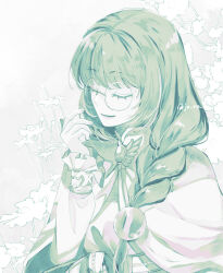  1girl braid brooch closed_eyes closed_mouth floral_background glasses green_hair hair_over_shoulder hand_on_own_face jewelry jo_ro_ri long_hair long_sleeves monochrome philia_felice round_eyewear smile solo tales_of_(series) tales_of_destiny twin_braids twitter_username upper_body wing_brooch 