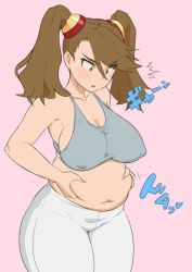 10s 1girl belly_grab blush breasts brown_eyes brown_hair covered_erect_nipples fat gundam gundam_build_fighters gundam_build_fighters_try large_breasts mikoyan pink_background plump sazaki_kaoruko simple_background solo tank_top text_focus thighhighs translation_request twintails weight_conscious white_thighhighs rating:Sensitive score:50 user:danbooru