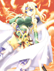  1990s_(style) 1girl belt blonde_hair blue_eyes boots breasts bridal_gauntlets cape celes_chere covered_erect_nipples feathers female_focus final_fantasy final_fantasy_vi hayatoshindo headband leotard long_hair outdoors retro_artstyle shindou_hayato shoulder_pads sky solo sword thighhighs weapon white_thighhighs 