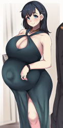  1girl alternate_costume bag bare_shoulders black_hair blue_eyes blush breasts cleavage collarbone commentary_request curvy dress green_dress hair_down hair_ornament hairclip halter_dress halterneck handbag highres holding holding_bag huge_breasts kantai_collection konoshige_(ryuun) long_hair looking_at_viewer pregnant side_slit sleeveless sleeveless_dress smile solo solo_focus souryuu_(kancolle) standing watch wide_hips wristwatch  rating:Sensitive score:120 user:aaa