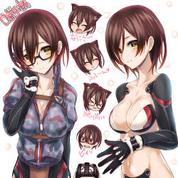 &gt;_&lt; 1girl :&gt; ^_^ android animal_ears black-framed_eyewear black_gloves blush blush_stickers breasts brown_eyes brown_hair camouflage cat_ears character_name cleavage closed_eyes closed_mouth collarbone commentary expressions glasses gloves hair_between_eyes hand_up highres hololive kurokawa_(silve) looking_at_viewer mechanical_arms medium_breasts multiple_views navel revealing_clothes roboco-san roboco-san_(1st_costume) semi-rimless_eyewear short_hair sidelocks smile under-rim_eyewear upper_body virtual_youtuber yellow_eyes rating:Sensitive score:21 user:danbooru