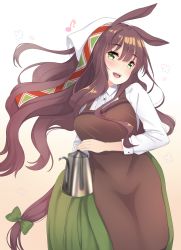  1girl :d animal_ears apron blunt_bangs blush bow breasts brown_apron brown_background brown_hair centaur coffee_pot collared_shirt commentary_request cowboy_shot floating_hair gradient_background green_bow green_eyes hair_between_eyes head_scarf head_tilt highres holding horse_ears horse_tail kiyomin large_breasts long_hair long_sleeves looking_at_viewer monster_girl multiple_legs musical_note open_mouth original shirt sidelocks simple_background smile solo standing tail tail_bow tail_ornament taur teeth upper_teeth_only white_background white_shirt 