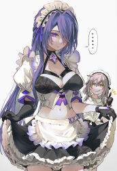  ... 2girls :q acheron_(honkai:_star_rail) adapted_costume alternate_costume apron black_choker black_gloves breasts choker cleavage coat collarbone commentary_request cowboy_shot enmaided gloves grey_hair hair_between_eyes hair_intakes hair_over_one_eye halterneck holding holding_clothes holding_skirt honkai:_star_rail honkai_(series) large_breasts long_hair looking_at_another looking_down maid maid_apron maid_headdress midriff multiple_girls navel parted_lips purple_eyes purple_hair simple_background skirt spoken_ellipsis stelle_(honkai:_star_rail) syuri22 thumbs_up tongue tongue_out trailblazer_(honkai:_star_rail) unconventional_maid white_background yellow_eyes 