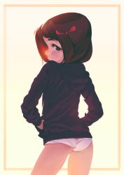 1girl alkemanubis ass bad_id bad_pixiv_id brown_eyes brown_hair commentary cowboy_shot english_commentary female_focus from_behind hair_ribbon hands_in_pockets highres hood hoodie legs_apart loli looking_at_viewer looking_back matching_hair/eyes no_pants original outside_border panties profile ribbon short_hair short_shorts shorts simple_background solo standing thighs underwear white_panties yellow_background rating:Questionable score:235 user:danbooru
