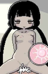  1boy 1girl akai_(ugokashitari) animated animated_gif bar_censor black_hair breasts brown_eyes censored commentary_request cowgirl_position cum cum_in_pussy expressionless girl_on_top hetero inabakumori lag_train_(vocaloid) loli long_hair looping_animation osage_(nukunuku_nigirimeshi) ovum pixel_art sex small_breasts smile solo_focus sperm_cell straddling twintails vaginal 