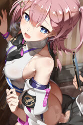 1boy 1girl absurdres ass asta_(honkai:_star_rail) bare_shoulders blue_eyes blush bottomless bow bowtie braid breasts cellphone clothed_sex detached_sleeves hair_ornament hetero highres honkai:_star_rail honkai_(series) medium_breasts medium_hair one_side_up open_mouth penis phone pink_hair sex sex_from_behind shirt side_braid sleeveless sleeveless_shirt sweat takashia_(akimototakashia) white_shirt rating:Explicit score:86 user:danbooru