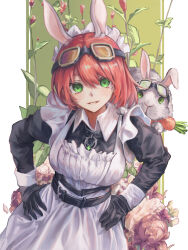  1girl absurdres animal_ears apron belt black_belt black_gloves carrot collar collared_shirt cowboy_shot facial_mark flower frilled_apron frills gloves goggles goggles_on_head green_eyes hair_between_eyes hands_on_own_hips highres long_sleeves looking_at_viewer maid maid_apron mari_(morishow99) morishow99 original parted_lips rabbit rabbit_ears red_hair shirt short_hair smile solo star_(symbol) star_facial_mark white_apron white_shirt 