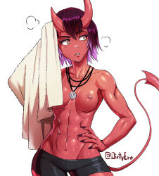  1girl abs artist_name asura_(dirty_ero) breasts collarbone colored_skin commentary cowboy_shot demon_girl demon_horns demon_tail dirty_ero english_commentary fingernails hair_between_eyes hand_on_own_hip hexagram horns jewelry long_fingernails medium_breasts navel necklace nipples original pentagram purple_hair red_skin sharp_fingernails shorts simple_background standing sweat tail tomboy topless towel twitter_username watermark white_background yellow_eyes  rating:Questionable score:281 user:danbooru