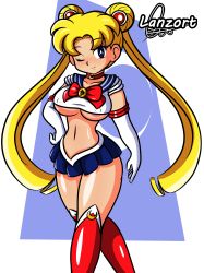  1girl absurdres areola_slip bishoujo_senshi_sailor_moon blonde_hair blue_eyes blush boots breasts dress highres lanzort long_hair looking_at_viewer midriff navel no_bra one_eye_closed sailor_dress sailor_moon solo standing twintails underboob wink  rating:Explicit score:8 user:cloudman