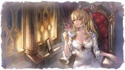  1girl blonde_hair breasts cleavage cup granblue_fantasy granblue_fantasy_versus:_rising nightgown official_art red_eyes solo teacup vira_(granblue_fantasy) 