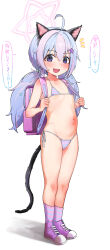  1girl :d absurdres ahoge animal_ear_fluff animal_ears backpack bag bikini blue_archive blue_eyes blush breasts cat_ears cat_girl cat_tail collarbone commentary_request doroshe_(sdpw8474) fake_animal_ears flat_chest full_body hair_between_eyes hair_ornament halo highres loli long_hair looking_at_viewer low_twintails micro_bikini navel open_mouth paid_reward_available purple_eyes randoseru reisa_(blue_archive) shoes simple_background smile solo standing stomach striped_bikini striped_clothes swimsuit tail translation_request twintails very_long_hair white_background  rating:Questionable score:186 user:danbooru