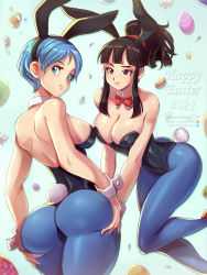  2girls animal_ears ass ass_grab bare_shoulders black_hair black_leotard blue_hair breasts bulma chi-chi_(dragon_ball) cleavage detached_collar dragon_ball dragon_ball_super earrings easter_egg egg fake_animal_ears happy_easter high_ponytail highres huge_ass jammeryx jewelry leotard looking_back multiple_girls nail_polish naughty_face nipples pantyhose playboy_bunny short_hair thick_thighs thighs  rating:Questionable score:293 user:fakyuh