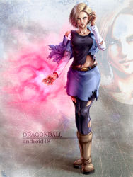  1girl android_18 blonde_hair blue_eyes character_name copyright_name dragon_ball dragonball_z earrings female_focus highres jewelry looking_at_viewer short_hair solo standing torn_clothes zoom_layer  rating:Sensitive score:31 user:ujtrfg