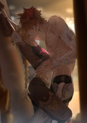  2boys abs absurdres aether_(genshin_impact) against_wall arched_back arms_up bandages bandaid blonde_hair blurry blurry_background blurry_foreground braid brown_pants bruise closed_eyes cropped_legs cropped_shirt genshin_impact ha_ze hand_on_another&#039;s_waist highres injury kiss long_hair male_focus mask mask_on_head multiple_boys nipples orange_hair pants pectorals red_mask shirt short_sleeves sweat sweatdrop tartaglia_(genshin_impact) toned toned_male topless_male yaoi  rating:Questionable score:58 user:danbooru