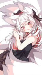  1girl :d animal_ears bare_arms bare_shoulders beret black_bow black_dress black_hat bow commission copyright_request daidai_ookami dress fox_ears fox_girl fox_tail frilled_dress frills grey_background grey_hair hands_up hat highres kitsune long_hair looking_at_viewer looking_to_the_side multicolored_hair open_mouth own_hands_together red_eyes red_hair skeb_commission sleeveless sleeveless_dress smile solo streaked_hair tail two-tone_background very_long_hair white_background 